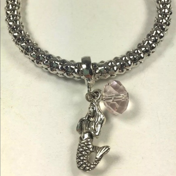 Silver Mermaid Pink Ball Stretch Charm Bracelet - Picture 1 of 2